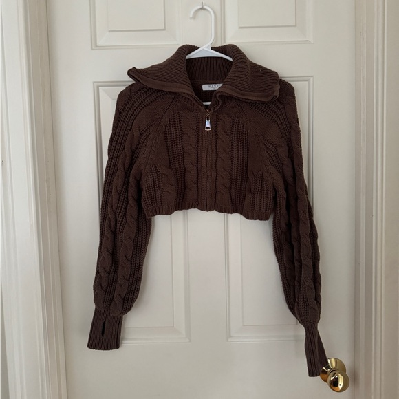 Grey Bandit Sweaters - Grey Bandit Brown Cable Knit Cropped Zip Up Cardigan